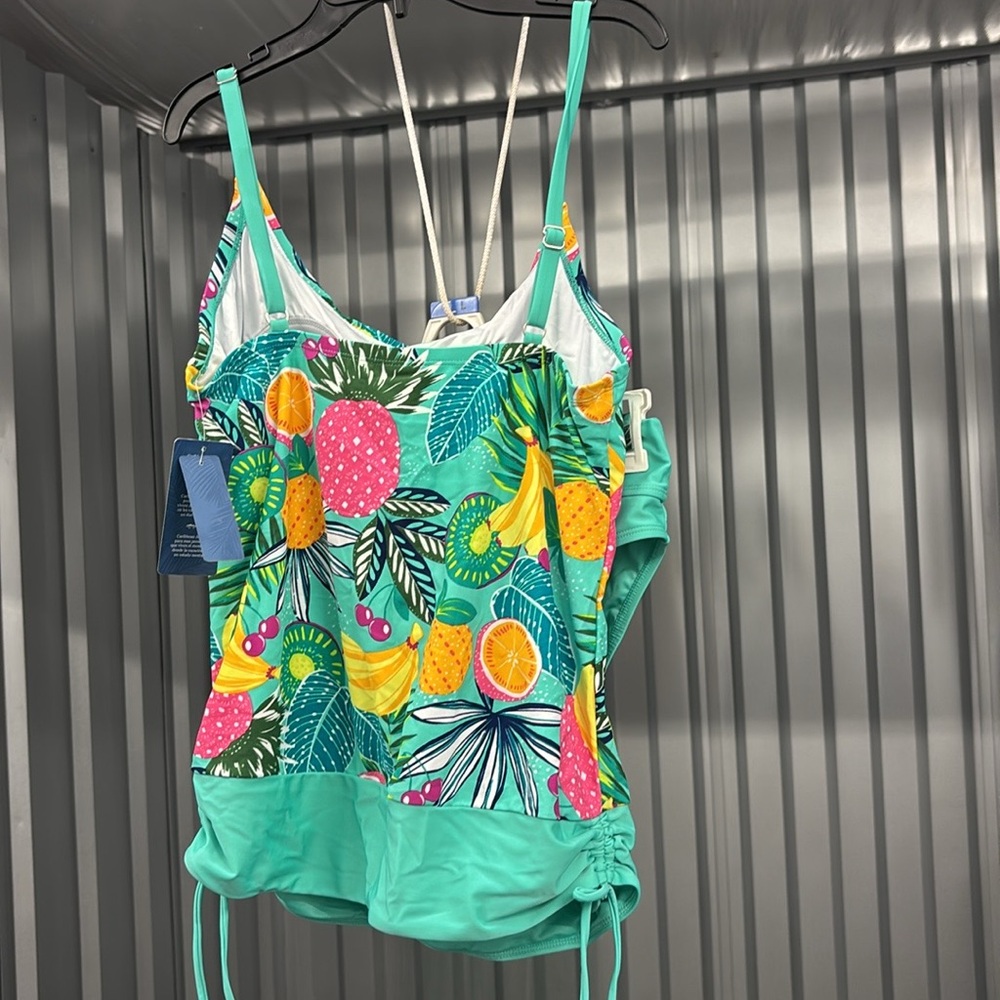 Caribbean Joe Aqua Tropical Fruit Print Tankini with Solid Aqua Bottoms